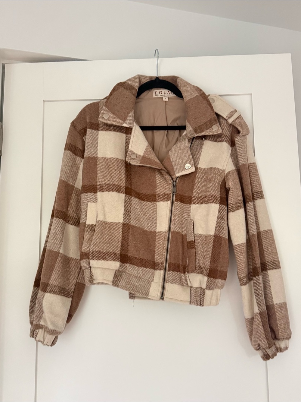 dolan Plaid Bomber Jacket in Cream and Brown